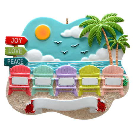 Personalized Family of 5 Ornament | Adirondack Chairs on Ocean Beach