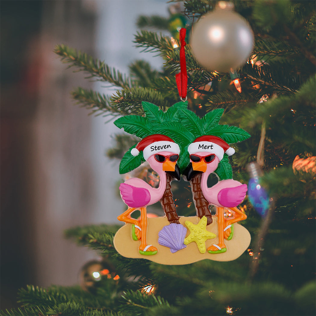 Personalized Beach Flamingo Couple Ornament