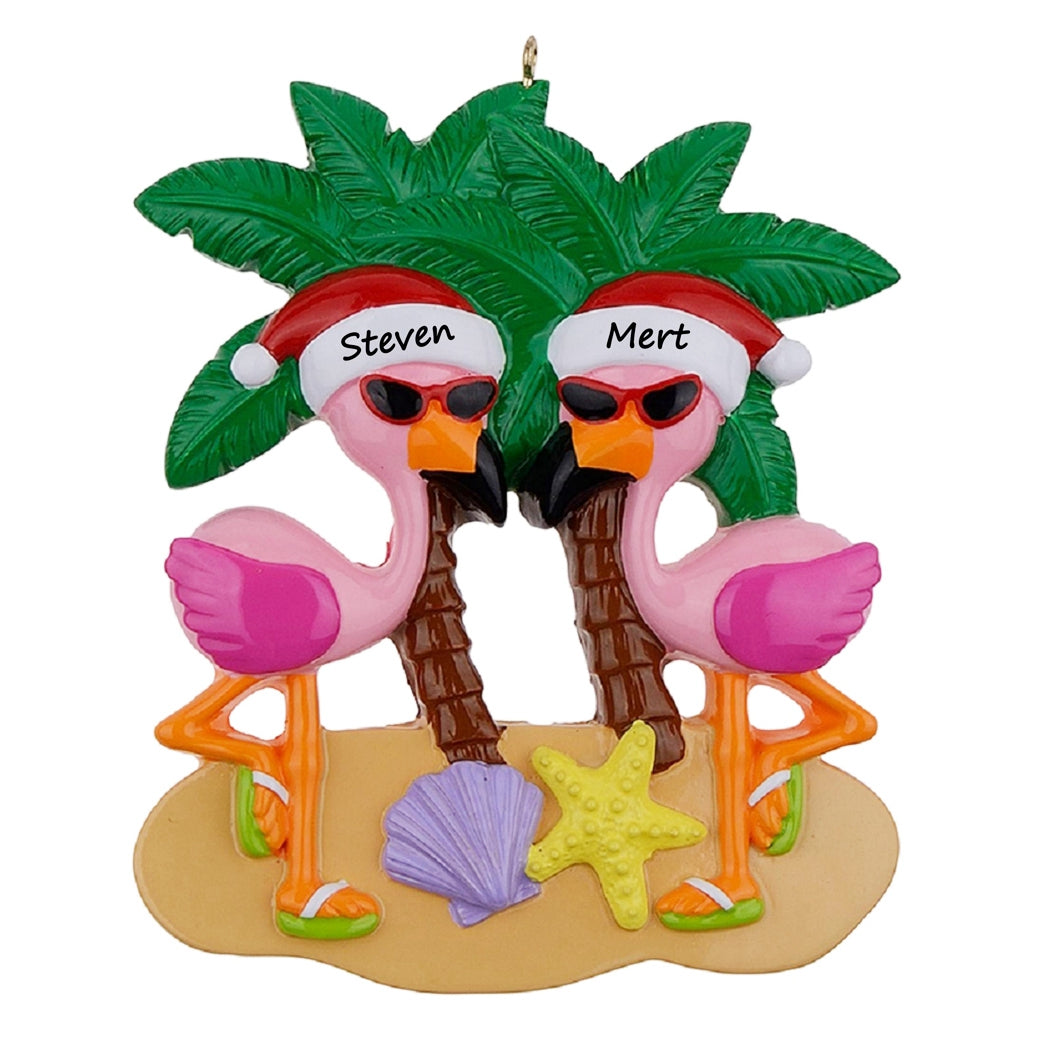 Personalized Beach Flamingo Couple Ornament