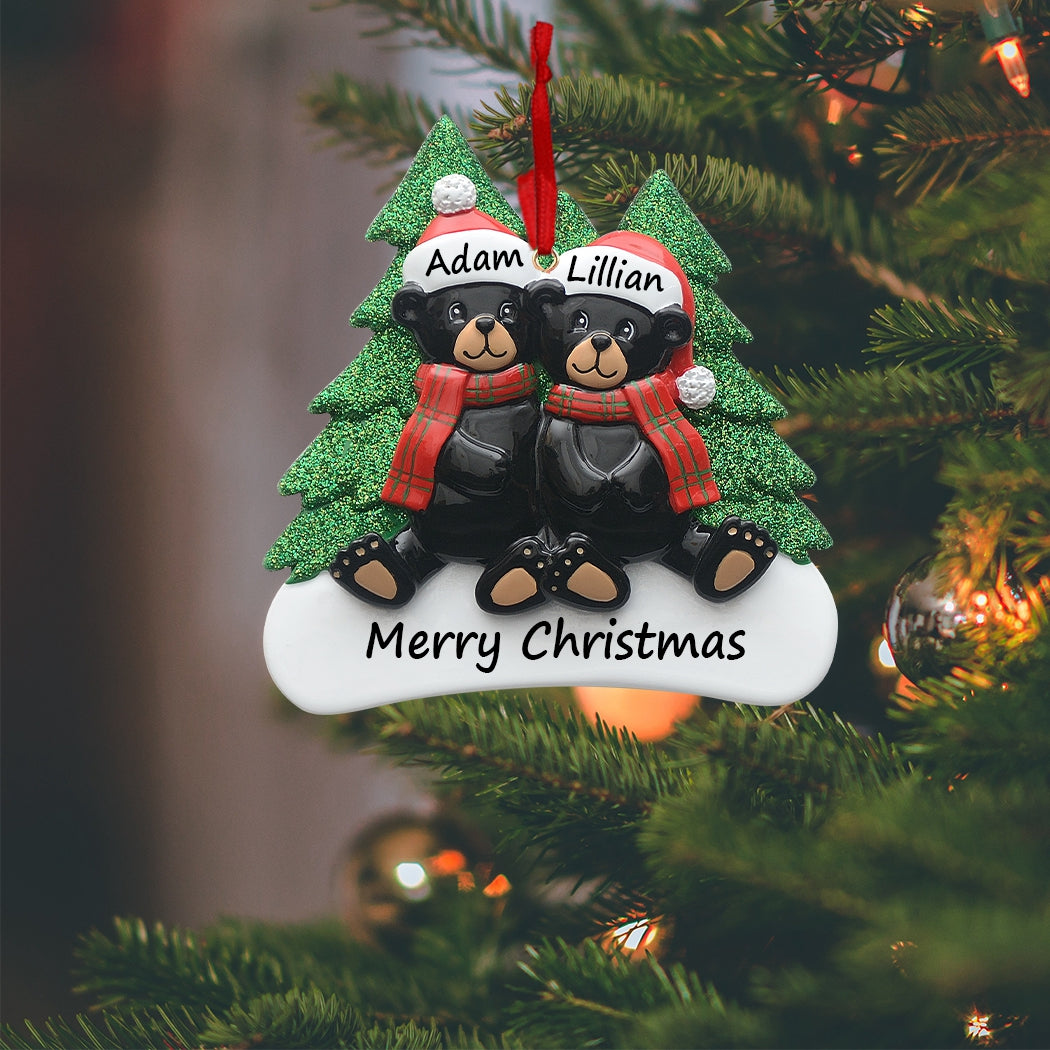 Personalized Plaid Scarf Black Bear Family of 2 Christmas Ornament