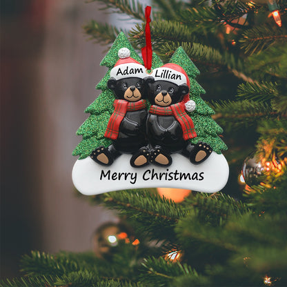 Personalized Plaid Scarf Black Bear Family of 2 Christmas Ornament