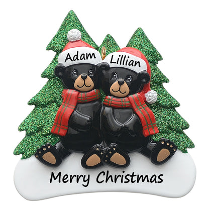 Personalized Plaid Scarf Black Bear Family of 2 Christmas Ornament