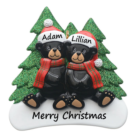 Personalized Plaid Scarf Black Bear Family of 2 Christmas Ornament
