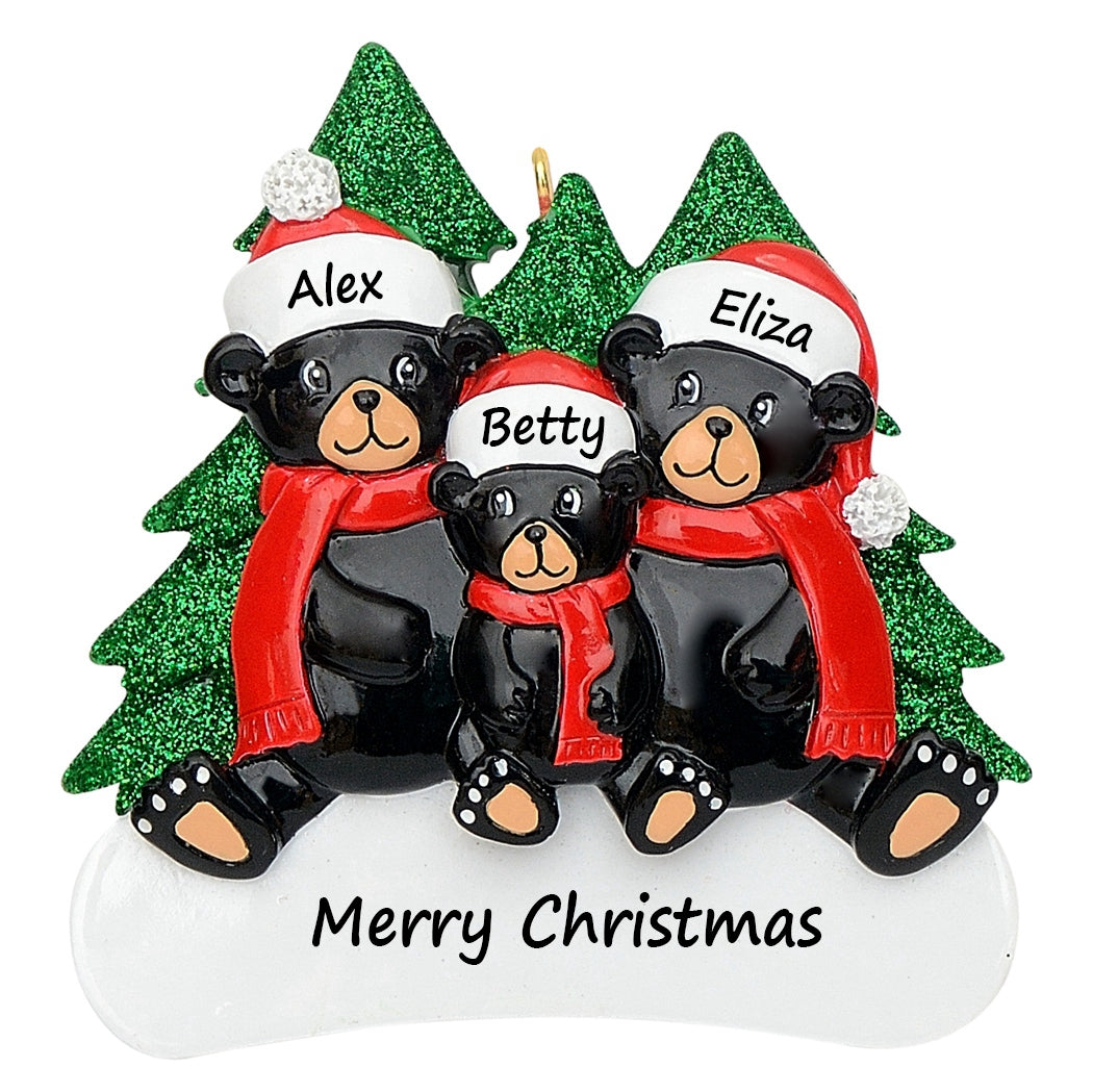 Personalized Black Bear Family of 3 Christmas Ornament