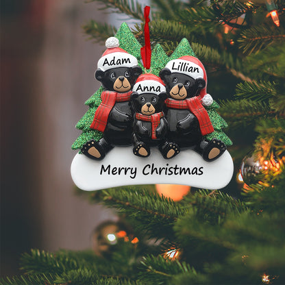 Personalized Plaid Scarf Black Bear Family of 3 Christmas Ornament
