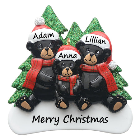 Personalized Plaid Scarf Black Bear Family of 3 Christmas Ornament