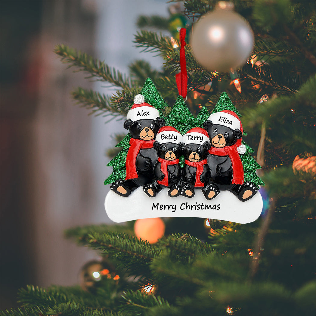Personalized Black Bear Family of 4 Christmas Ornament