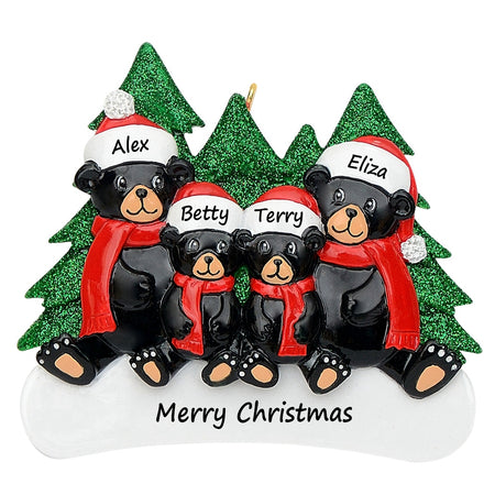 Personalized Black Bear Family of 4 Christmas Ornament
