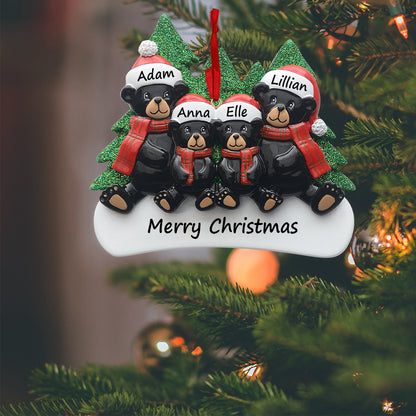 Personalized Plaid Scarf Black Bear Family of 4 Christmas Ornament