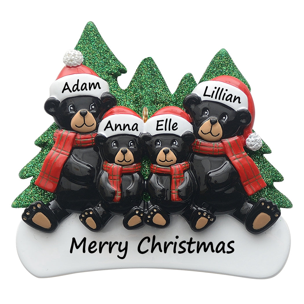 Personalized Plaid Scarf Black Bear Family of 4 Christmas Ornament