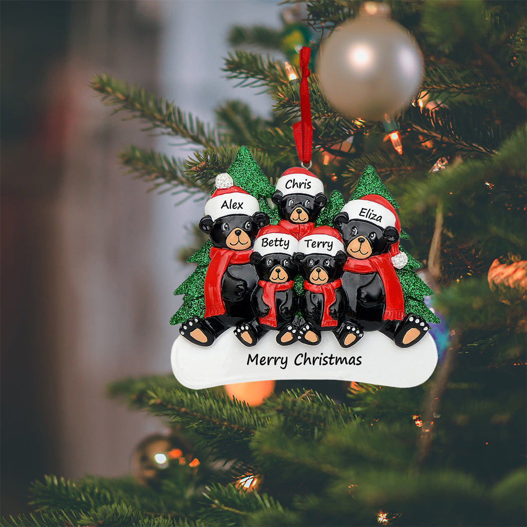 Personalized Black Bear Family of 5 Christmas Ornament
