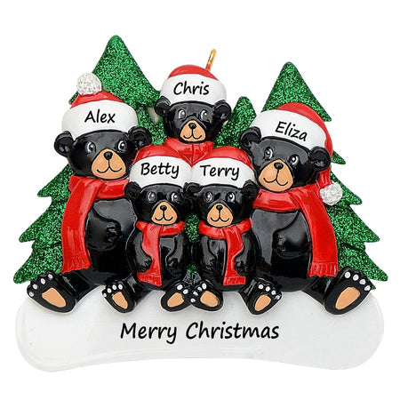 Personalized Black Bear Family of 5 Christmas Ornament