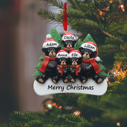 Personalized Plaid Scarf Black Bear Family of 5 Christmas Ornament