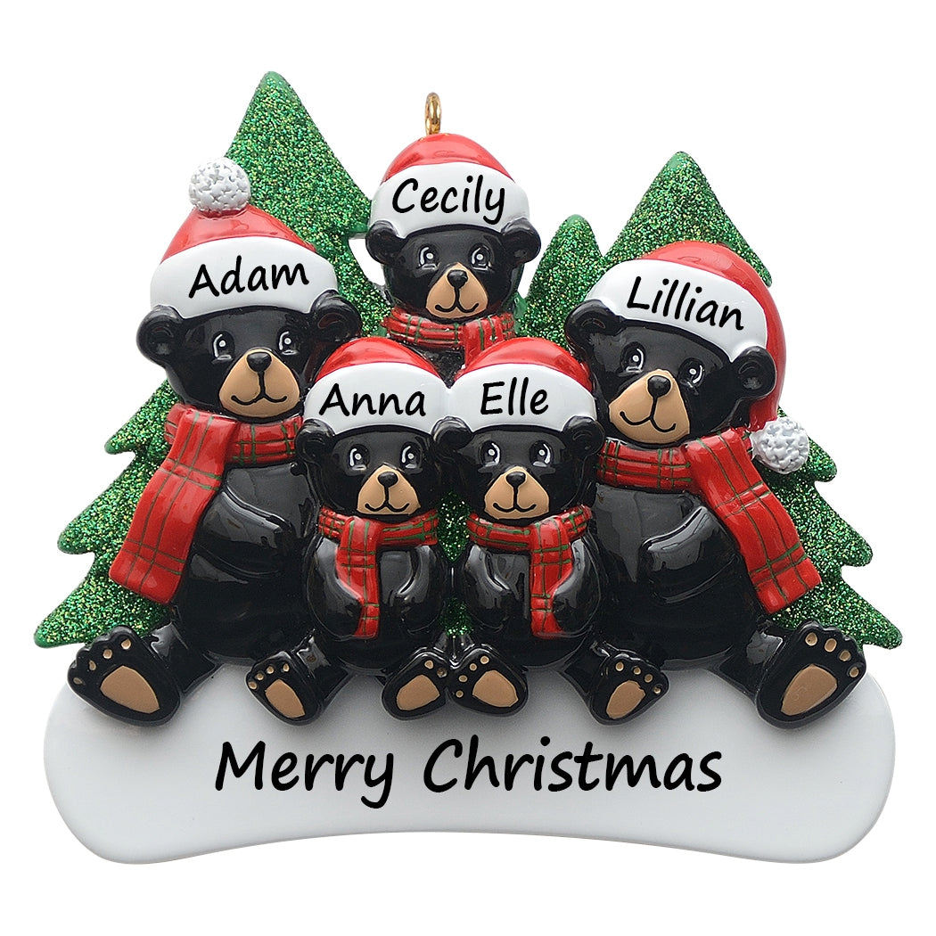 Personalized Plaid Scarf Black Bear Family of 5 Christmas Ornament