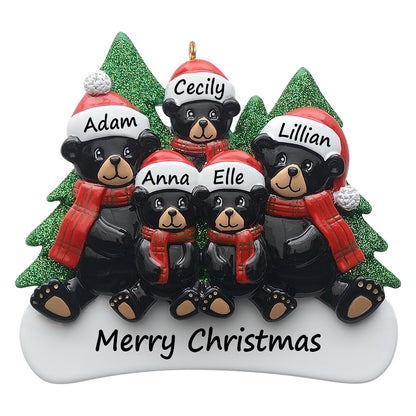 Personalized Plaid Scarf Black Bear Family of 5 Christmas Ornament