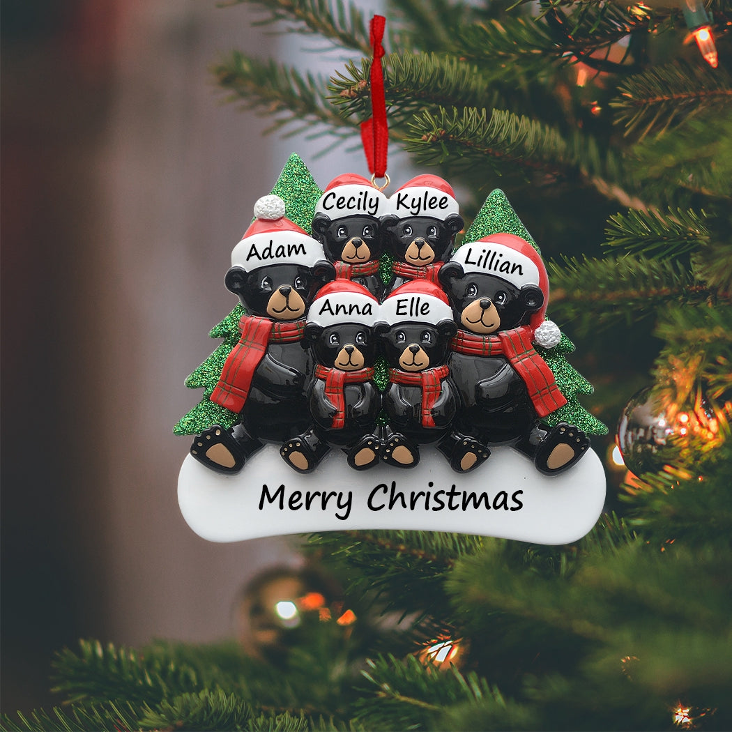 Personalized Plaid Scarf Black Bear Family of 6 Christmas Ornament