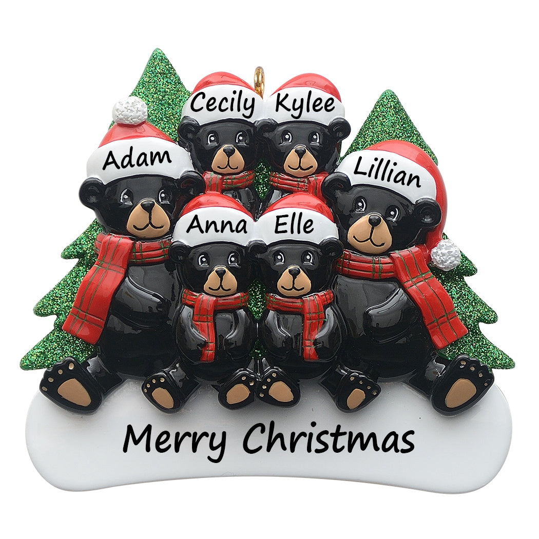 Personalized Plaid Scarf Black Bear Family of 6 Christmas Ornament