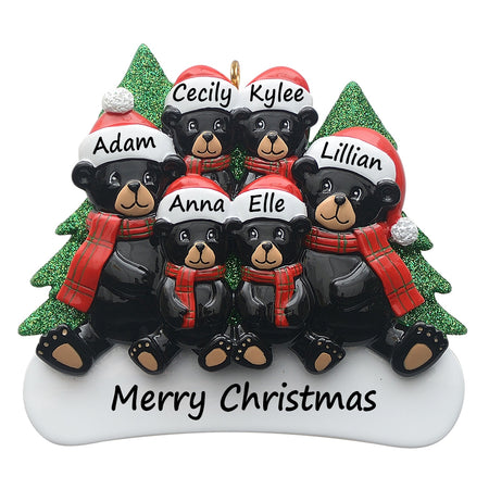 Personalized Plaid Scarf Black Bear Family of 6 Christmas Ornament