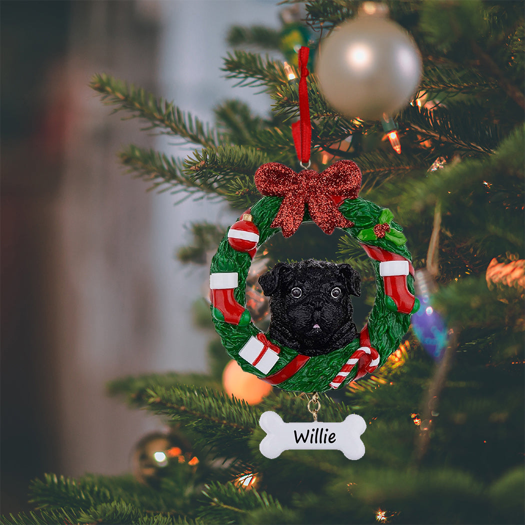 Personalized Black Pug Christmas Wreath Ornament