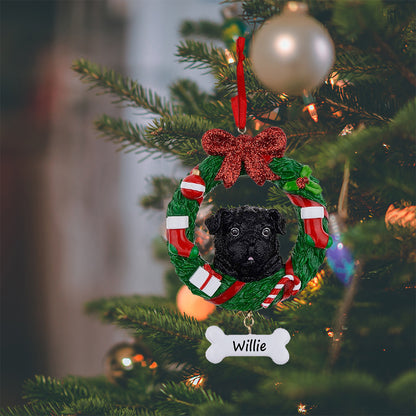 Personalized Black Pug Christmas Wreath Ornament
