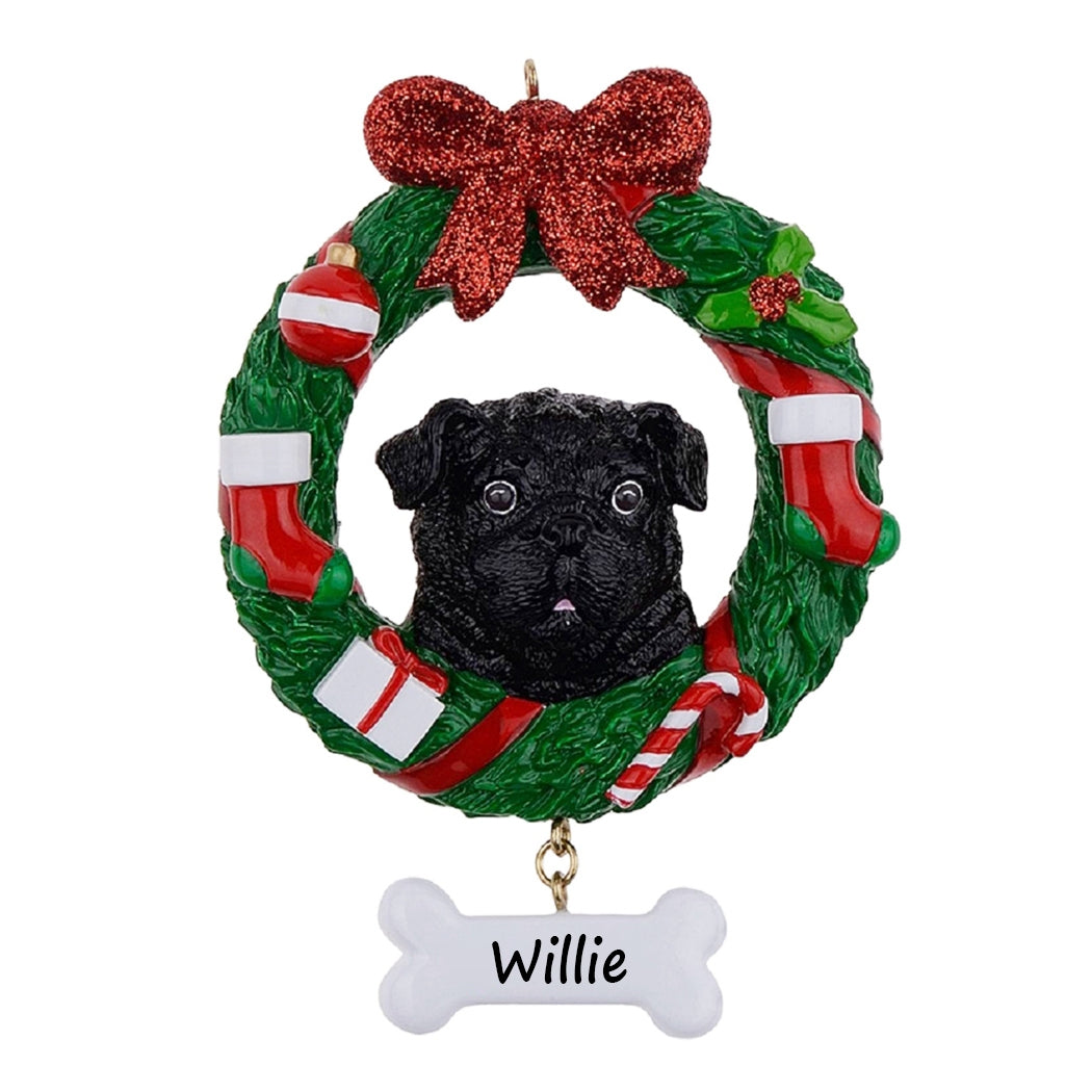 Personalized Black Pug Christmas Wreath Ornament