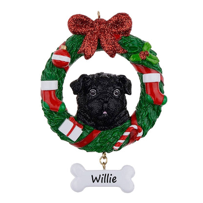 Personalized Black Pug Christmas Wreath Ornament