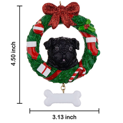 Personalized Black Pug Christmas Wreath Ornament