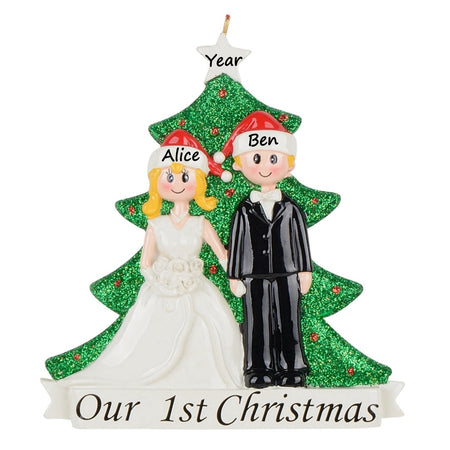 Personalized Blonde Bride and Groom Our First Christmas Couple Ornament