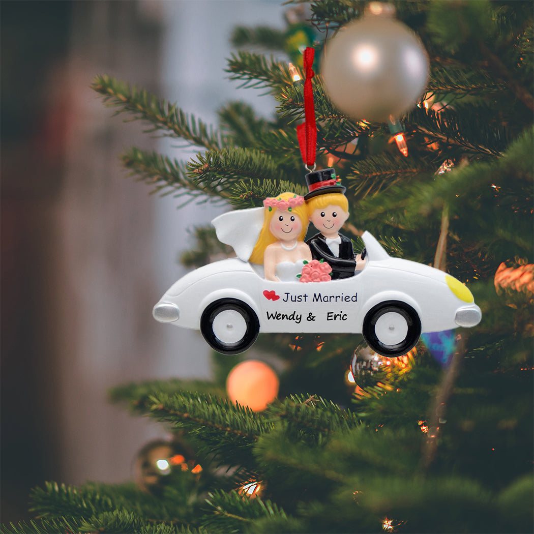 Personalized Blonde Just Married Couple Car Ornament