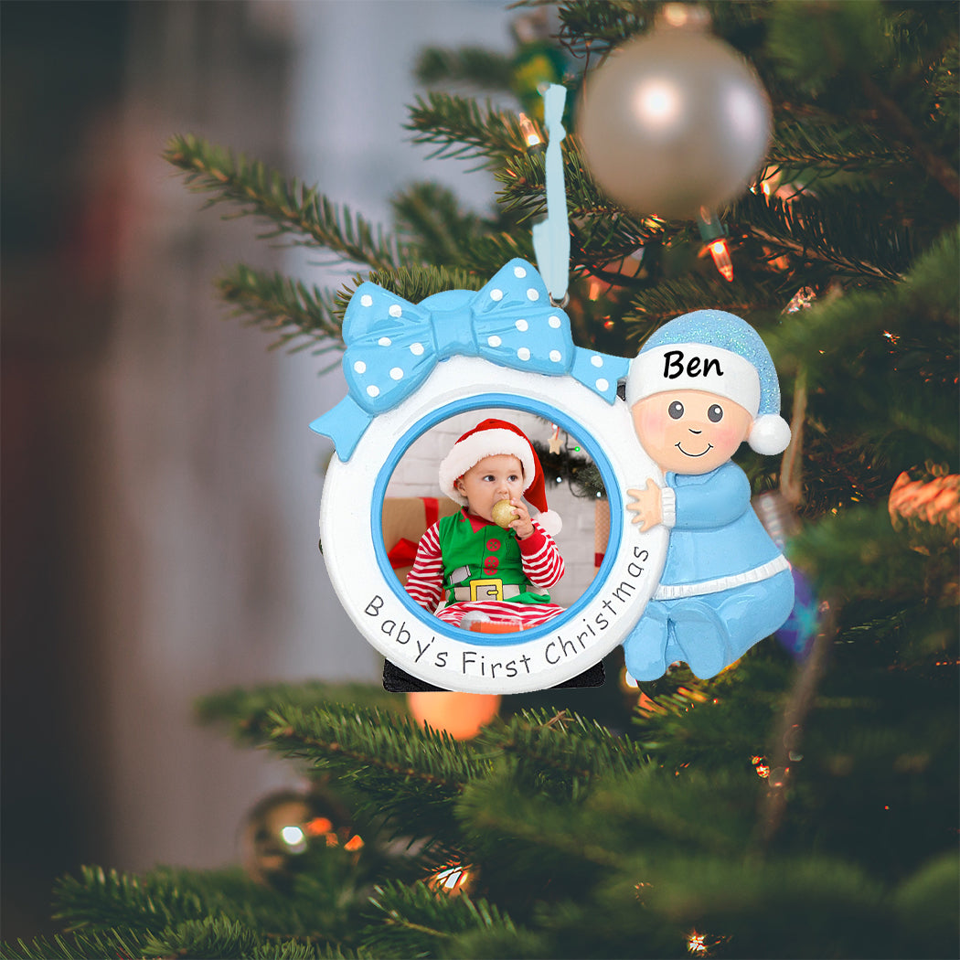 Personalized Blue Baby’s 1st Christmas Photo Frame Ornament