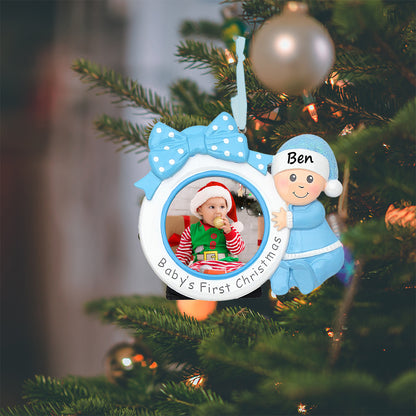 Personalized Blue Baby’s 1st Christmas Photo Frame Ornament