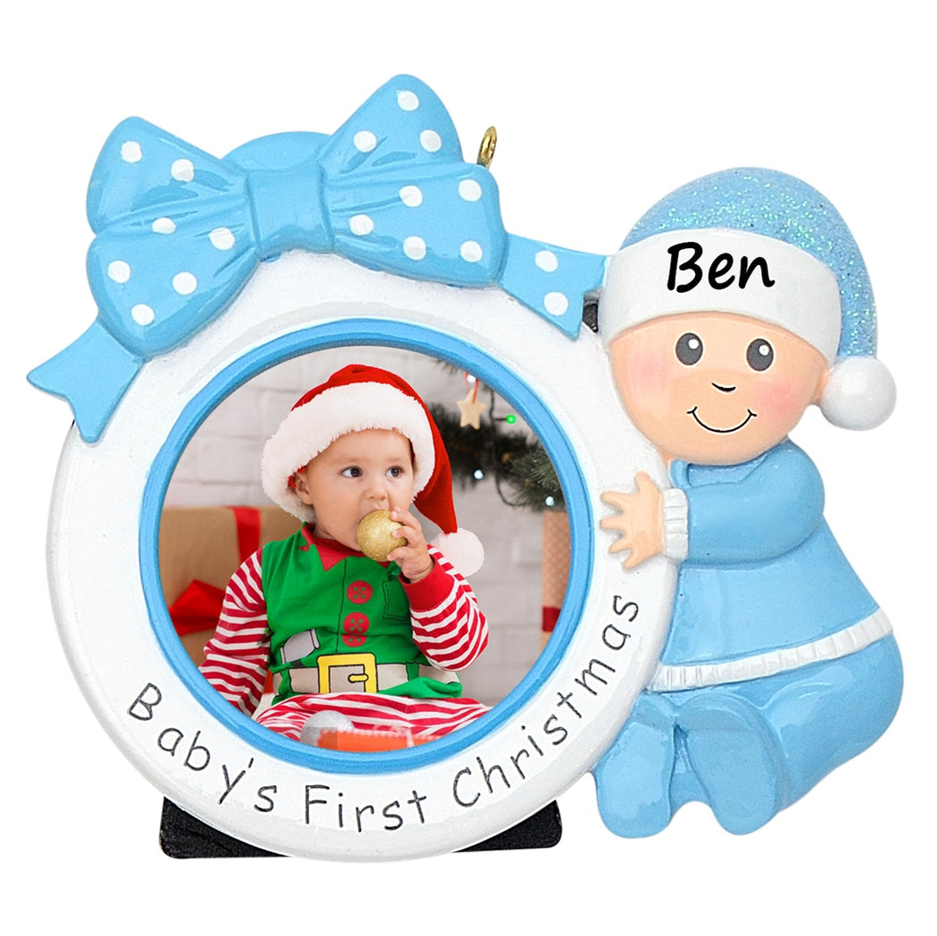 Personalized Blue Baby’s 1st Christmas Photo Frame Ornament