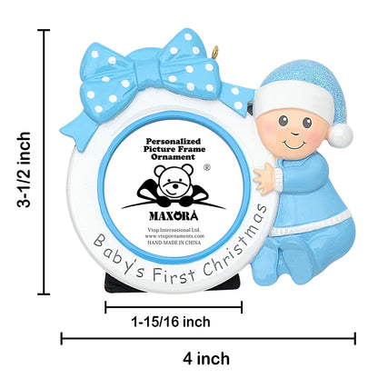 Personalized Blue Baby’s 1st Christmas Photo Frame Ornament