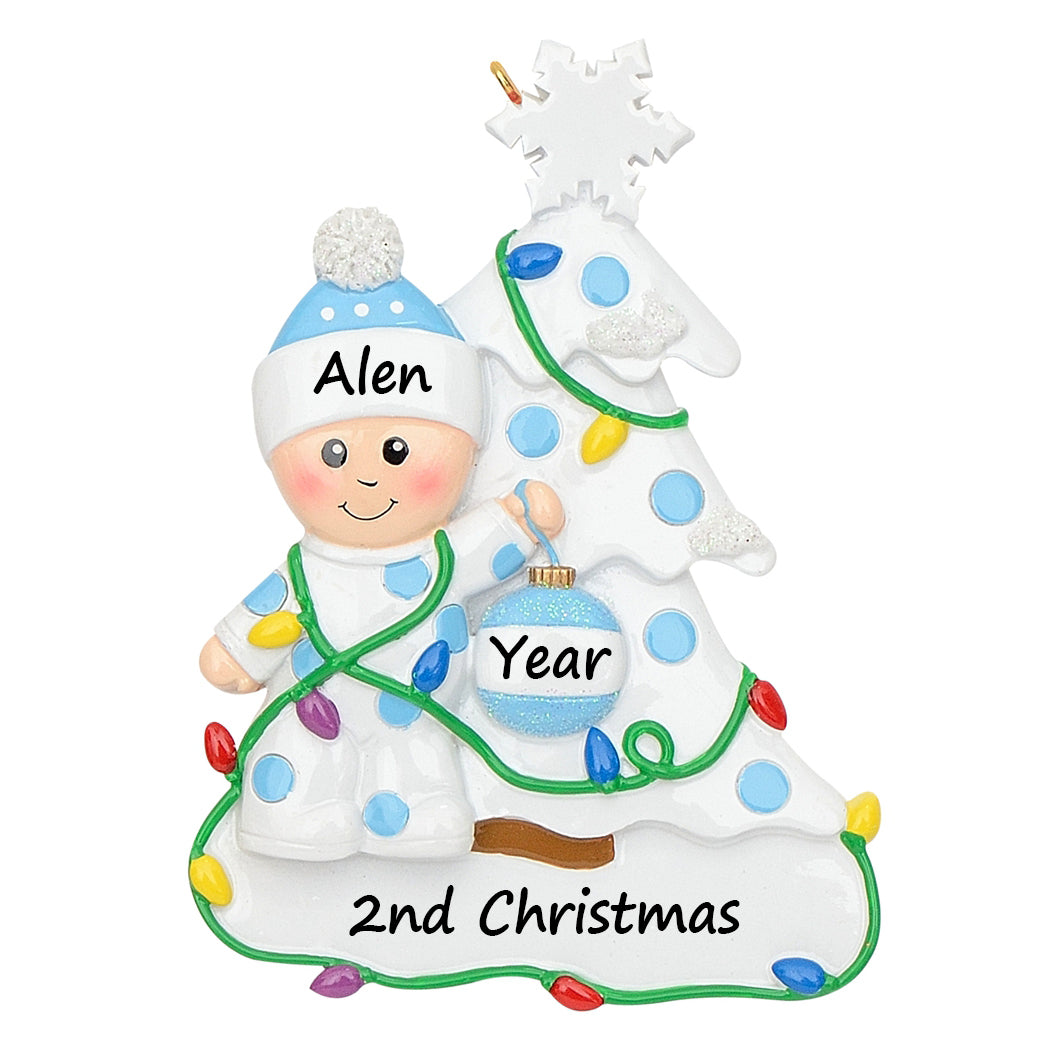 Personalized Blue Baby Boy Tree Baby’s 1st Christmas Ornament
