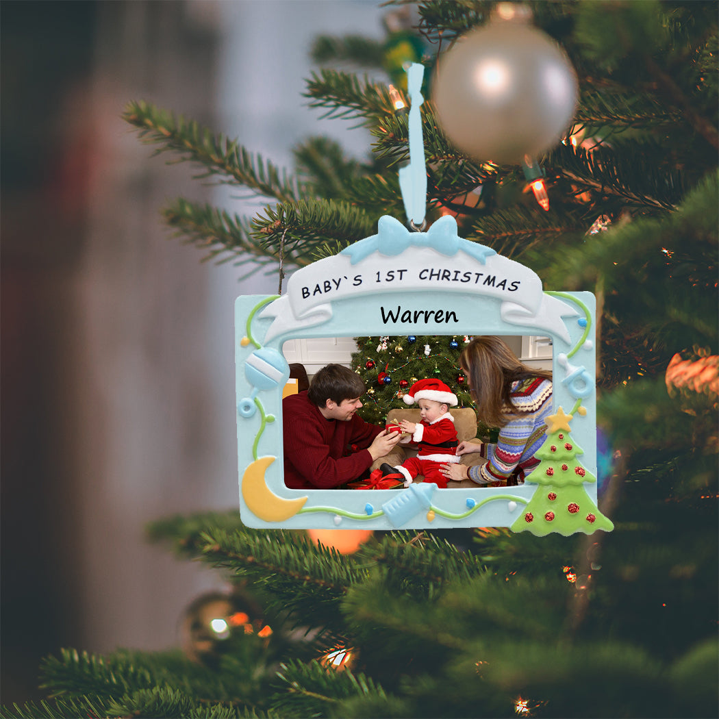 Personalized Blue Baby's First Christmas Photo Frame Ornament