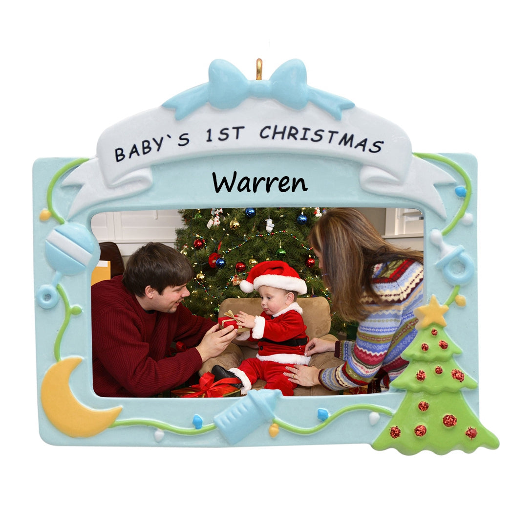 Personalized Blue Baby's First Christmas Photo Frame Ornament