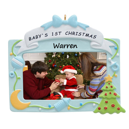 Personalized Blue Baby's First Christmas Photo Frame Ornament