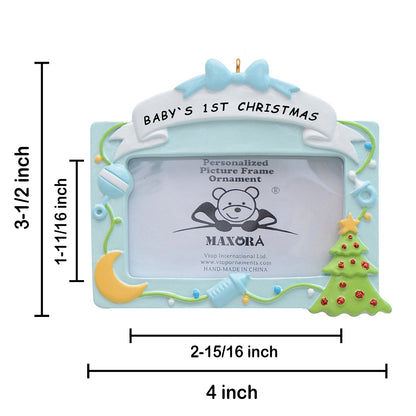 Personalized Blue Baby's First Christmas Photo Frame Ornament