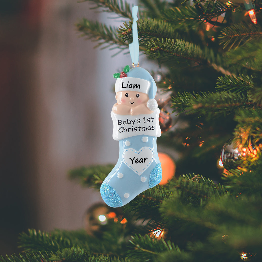 Personalized Blue Baby Stocking Baby’s 1st Christmas Ornament