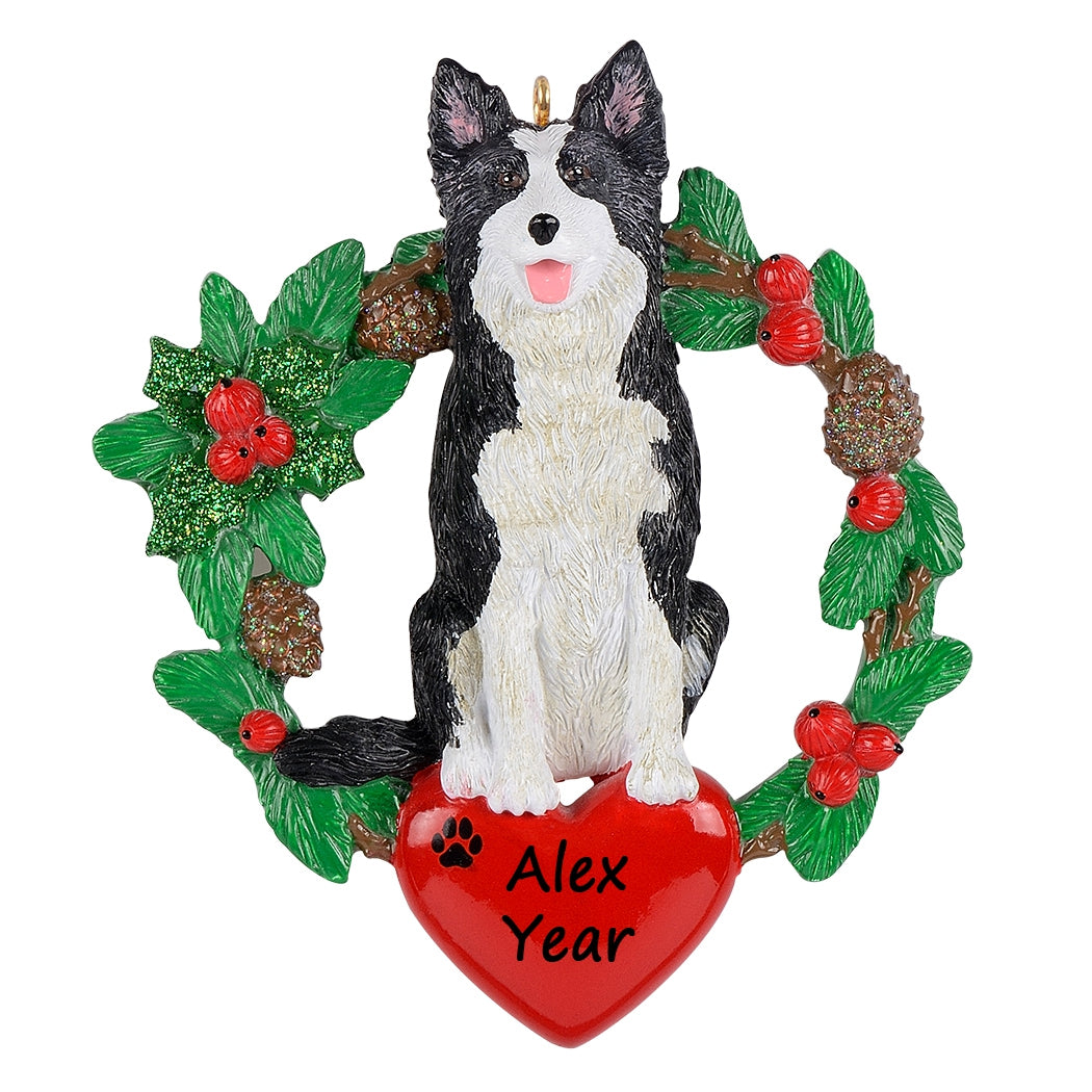 Personalized Border Collie Christmas Wreath Ornament