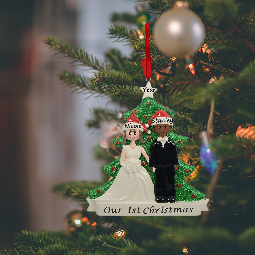 Personalized Brunette Bride and African American Groom Our First Christmas Couple Ornament