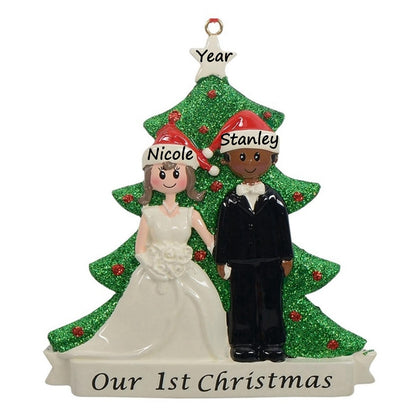 Personalized Brunette Bride and African American Groom Our First Christmas Couple Ornament