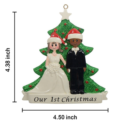 Personalized Brunette Bride and African American Groom Our First Christmas Couple Ornament