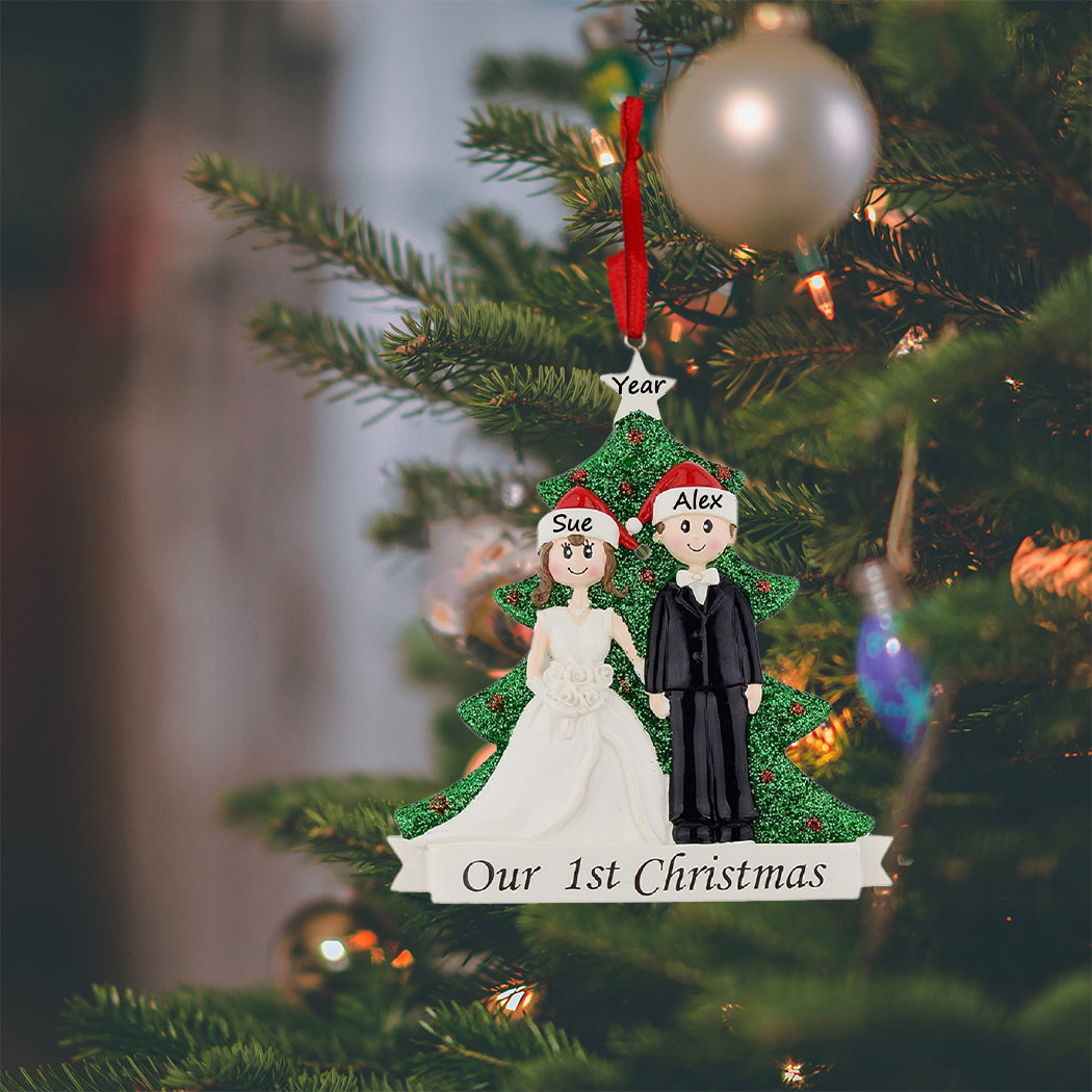 Personalized Brunette Bride and Groom Our First Christmas Couple Ornament