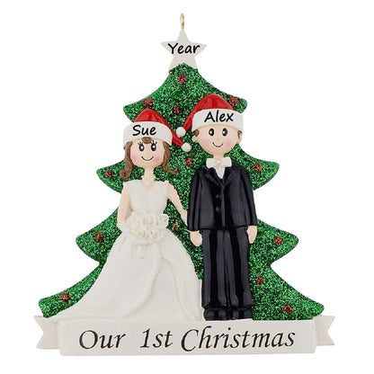Personalized Brunette Bride and Groom Our First Christmas Couple Ornament