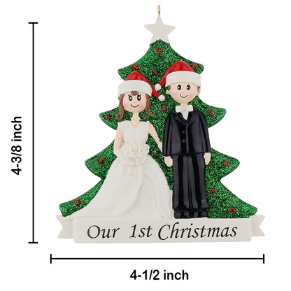 Personalized Brunette Bride and Groom Our First Christmas Couple Ornament