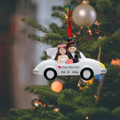 Personalized Brunette Just Married Couple Car Ornament