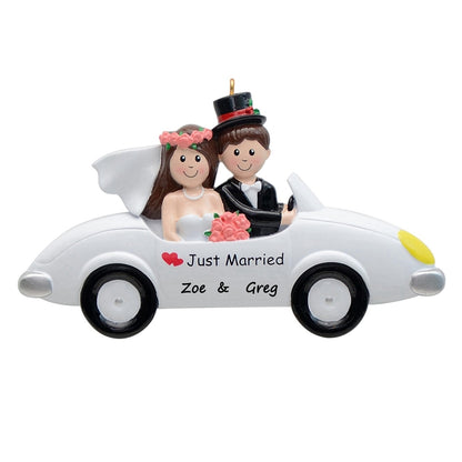 Personalized Brunette Just Married Couple Car Ornament
