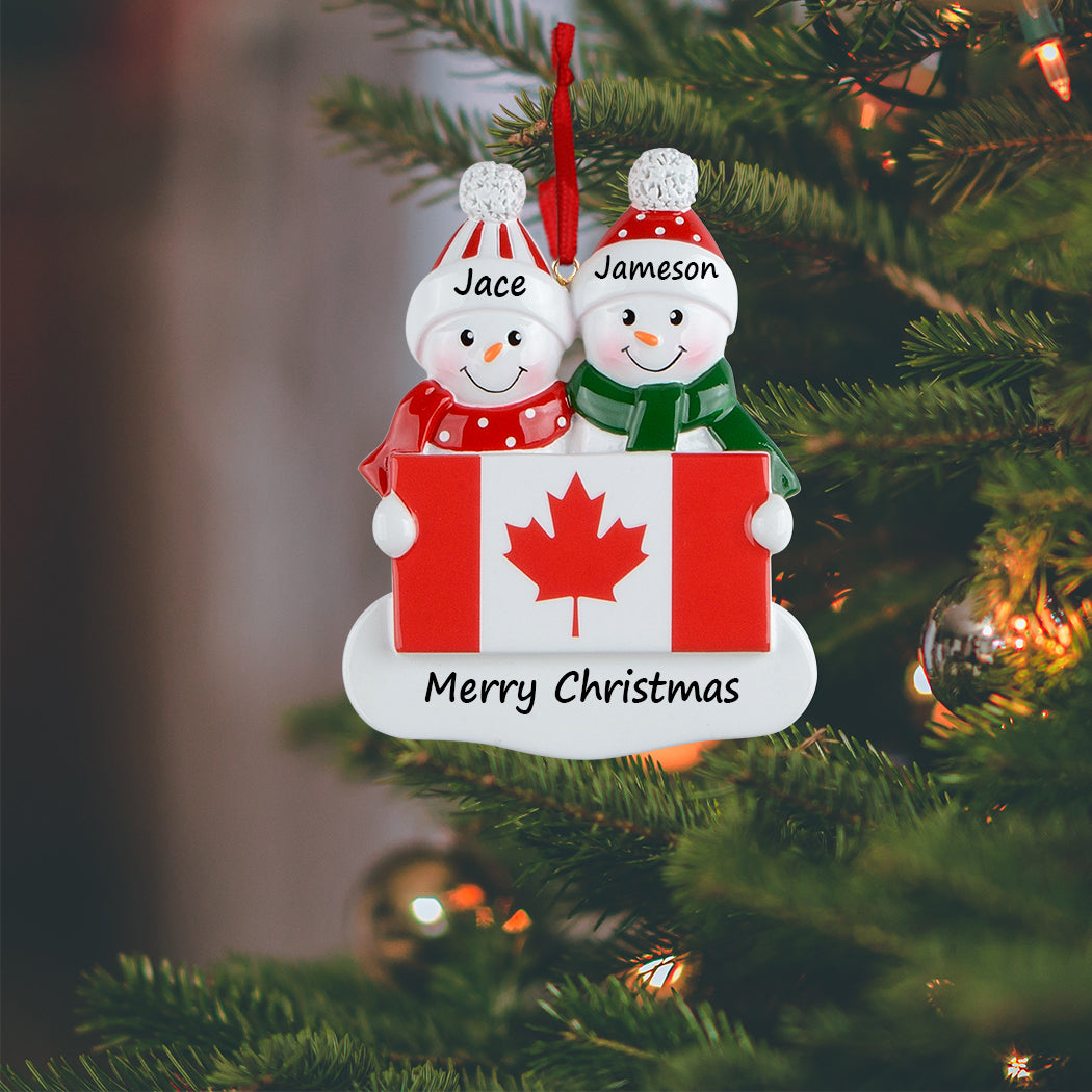 Personalized Canadian Flag Snowman Family of 2 Christmas Ornament