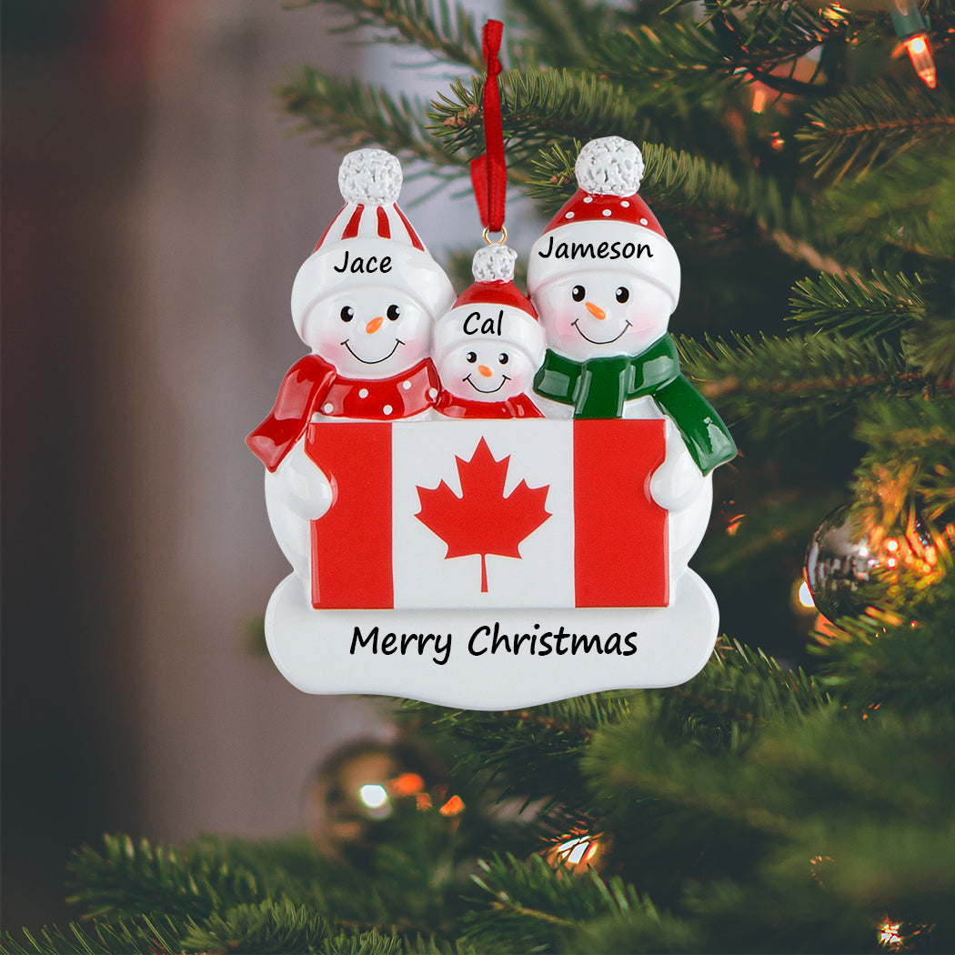 Personalized Canadian Flag Snowman Family of 3 Christmas Ornament